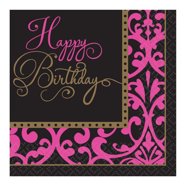 Picture of Servilletas Happy Birthday Rosa y Negro papel 33cm (36 unidades)