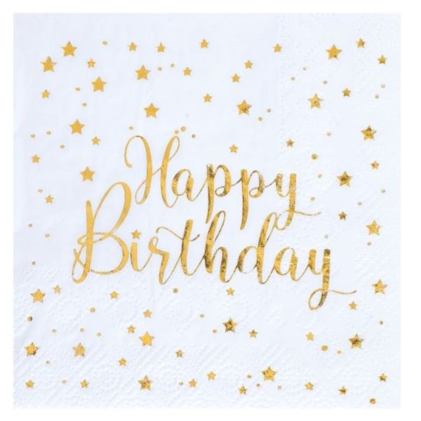 Imagen de Servilletas Happy Birthday Blanco Dorado papel 25cm (20 unidades)