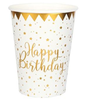 Imagen de Vasos Happy Birthday Blanco Dorado cartón (10 unidades)