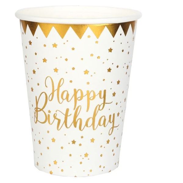 Picture of Vasos Happy Birthday Blanco Dorado cartón (10 unidades)