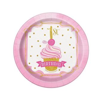 Imagen de Platos Primer Cumple Cupcake Rosa cartón 17cm (8 unidades)