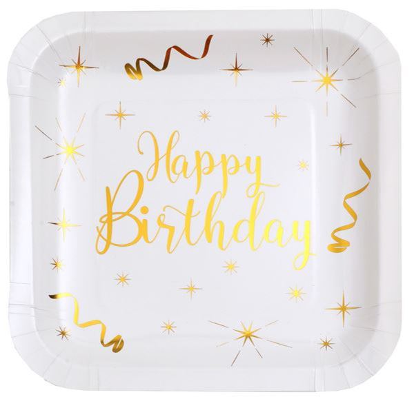 Picture of Platos Happy Birthday Blancos Estrellas Doradas cartón 23cm (10 unidades)