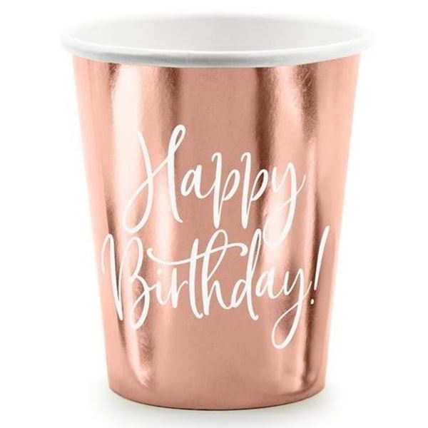 Imagen de Vasos Happy Birthday Rosa Dorado cartón (6 unidades)