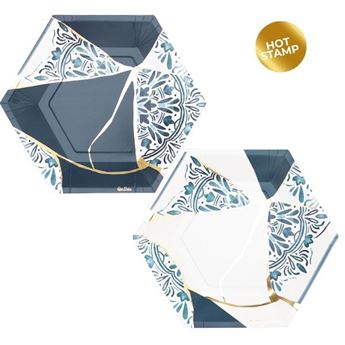 Imagen de Platos Cartón Kintsugi Azul con Detalles Dorados 23cm (8uds)