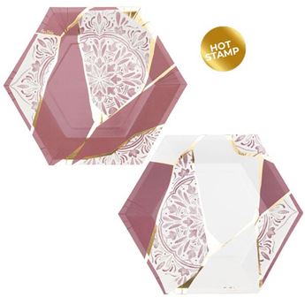 Imagens de Platos de Cartón Kintsugi Rosa con Detalles Dorados 23cm (8uds)