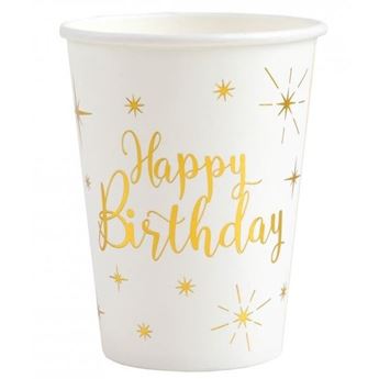 Imagen de Vasos Happy Birthday Blancos Estrellas Doradas cartón (10 unidades)
