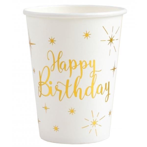 Imagen de Vasos Happy Birthday Blancos Estrellas Doradas cartón (10 unidades)