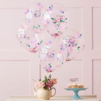 Imagen de Globos Happy Birthday Transparentes con Confeti Floral Látex (5 unidades)