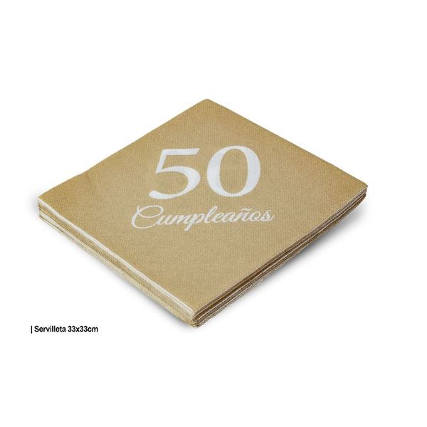 Imagens de Servilletas 50 Cumpleaños Dorado Mate papel 33cm (12 unidades)