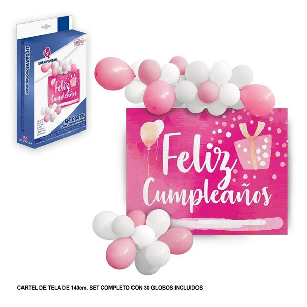 Imagen de Pancarta con Globos Feliz Cumpleaños Rosa (140cm)