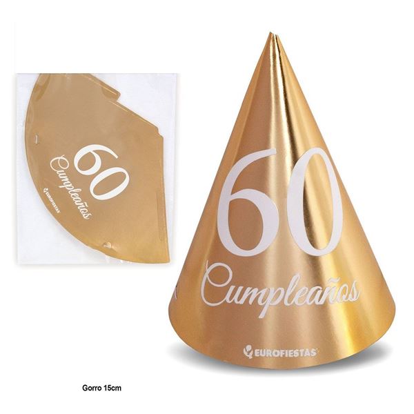 Gorros Cono 60 Cumpleaños Dorados (6 uds.)✔️ por sólo 1,44 €. Envío en 24h.  Tienda Online. . ✓. Artículos de decoración  para Fiestas.