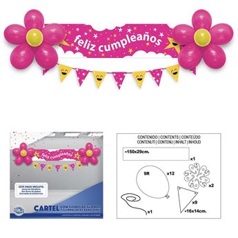 Imagens de Kit Decoración Feliz cumpleaños Fucsia con flores y globos 