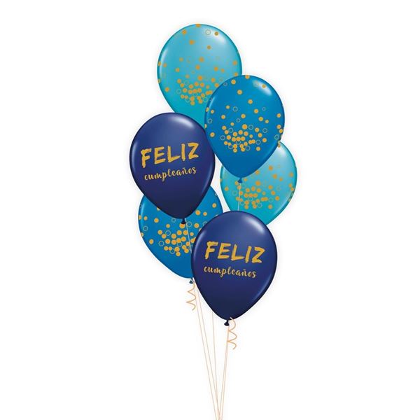 Imagen de Bouquet de Globos Feliz Cumpleaños Azules y Dorado Látex (6 unidades)