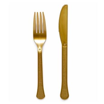 Imagens de Cubiertos Dorados Tenedor y Cuchillo plástico (24 unidades)