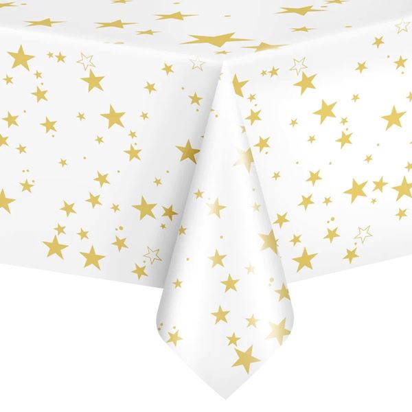 Imagen de Mantel Blanco Estrellas Doradas plástico (137cm x 274cm)