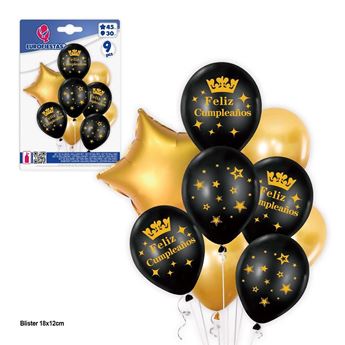 Imagen de Bouquet de Globos Feliz Cumpleaños Corona Negros y Dorado (9 unidades)