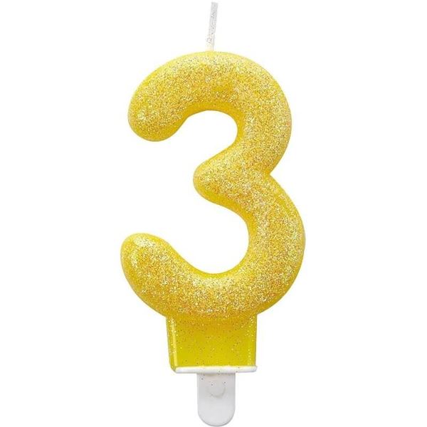 Imagen de Vela Número 3 Amarillo Glitter (7,5cm)