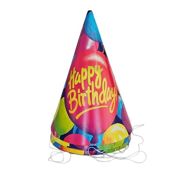 Imagen de Gorros Cono Happy Birthday cartón (8 unidades)