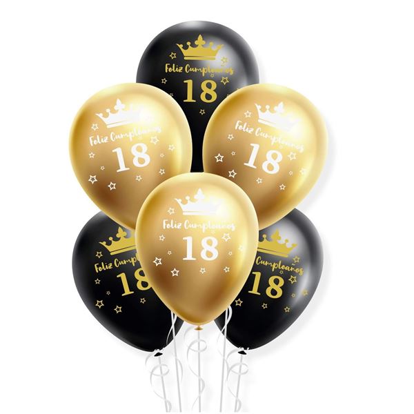 Picture of Globos Feliz 18 Cumpleaños Negro y Dorado (6 unidades)