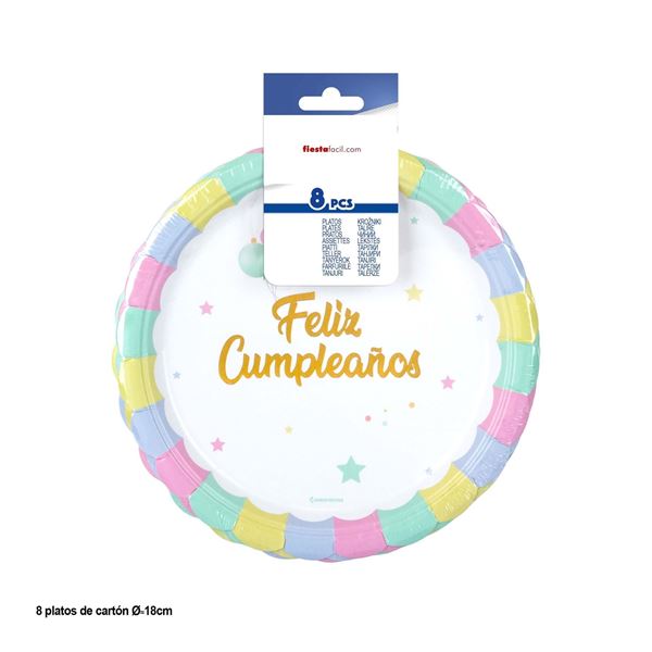 Imagen de Platos Feliz Cumpleaños Sol Pastel Macarrón cartón 18cm (8 unidades)