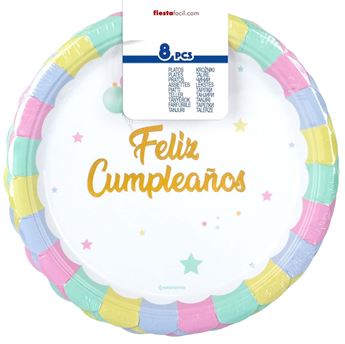 Imagens de Platos Feliz Cumpleaños Sol Pastel Macarrón cartón 23cm (6 unidades)