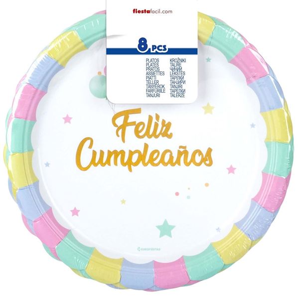 Imagen de Platos Feliz Cumpleaños Sol Pastel Macarrón cartón 23cm (6 unidades)