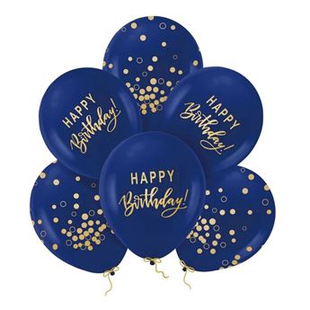 Imagen de Globos Happy Birthday Azul y Dorado Látex (6 unidades)