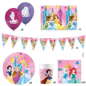 Imagen de Caja Fiesta Princesas Disney (8 Platos, 20 servilletas, 8 vasos, 8 globos, 1 guirnalda y 1 mantel)