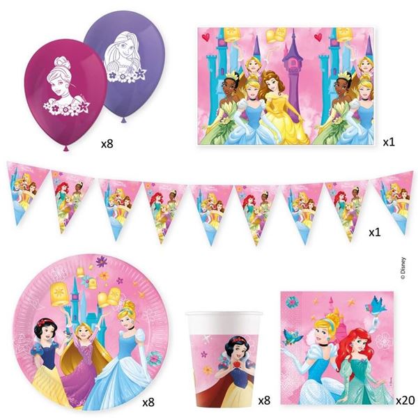 Imagens de Caja Fiesta Princesas Disney (8 Platos, 20 Servilletas, 8 Vasos, 8 Globos, 1 Guirnalda y 1 Mantel)