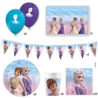 Picture of Caja Fiesta Frozen Disney (8 Platos, 20 servilletas, 8 vasos, 8 globos, 1 guirnalda y 1 mantel)