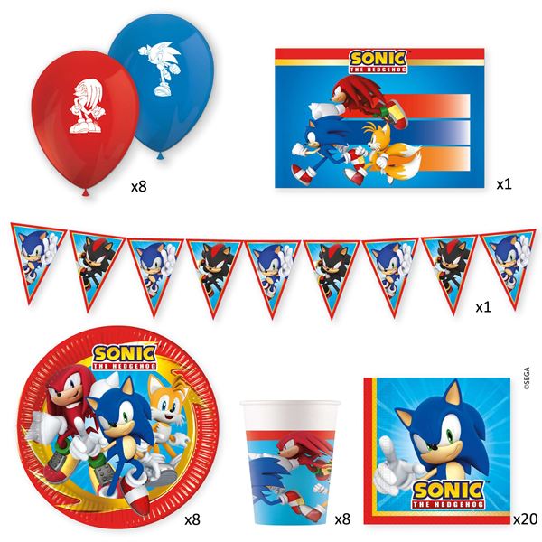 Imagens de Caja Fiesta Sonic (8 Platos, 20 servilletas, 8 vasos, 8 globos, 1 guirnalda y 1 mantel)