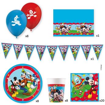 Picture of Caja Fiesta Mickey Mouse (8 Platos, 20 Servilletas, 8 Vasos, 8 Globos, 1 Guirnalda y 1 Mantel)