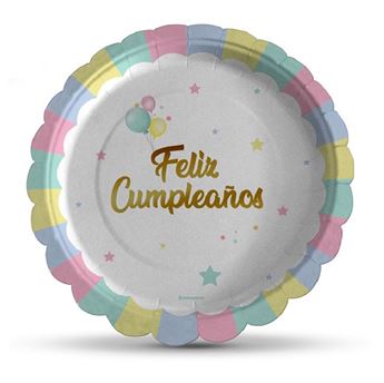 Imagens de Platos Feliz Cumpleaños Sol Pastel Macarrón cartón 18cm (8 unidades)