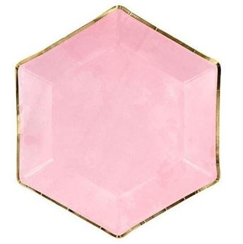 Imagen de Platos Rosas hexagonales borde dorado 23cm (6)