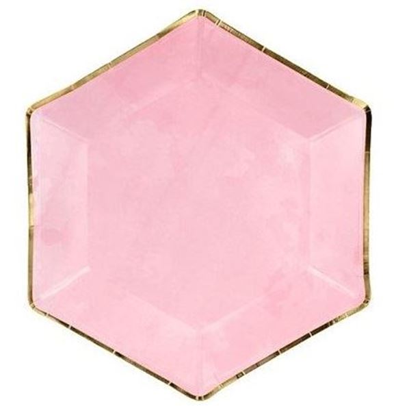 Picture of Platos Rosas hexagonales borde dorado 23cm (6)