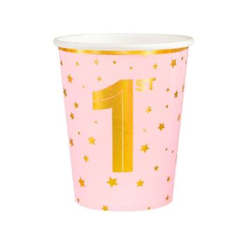 Imagen de Vasos Primer Cumpleaños Rosa y Dorado cartón 220ml (6 unidades)